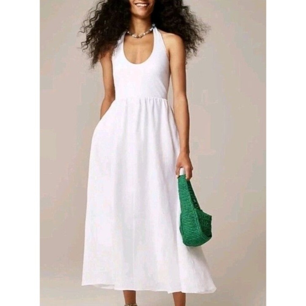 J. CREW Halter Mixy Dress Linen Skirt White Midi Pockets CL648 Size XS NWT